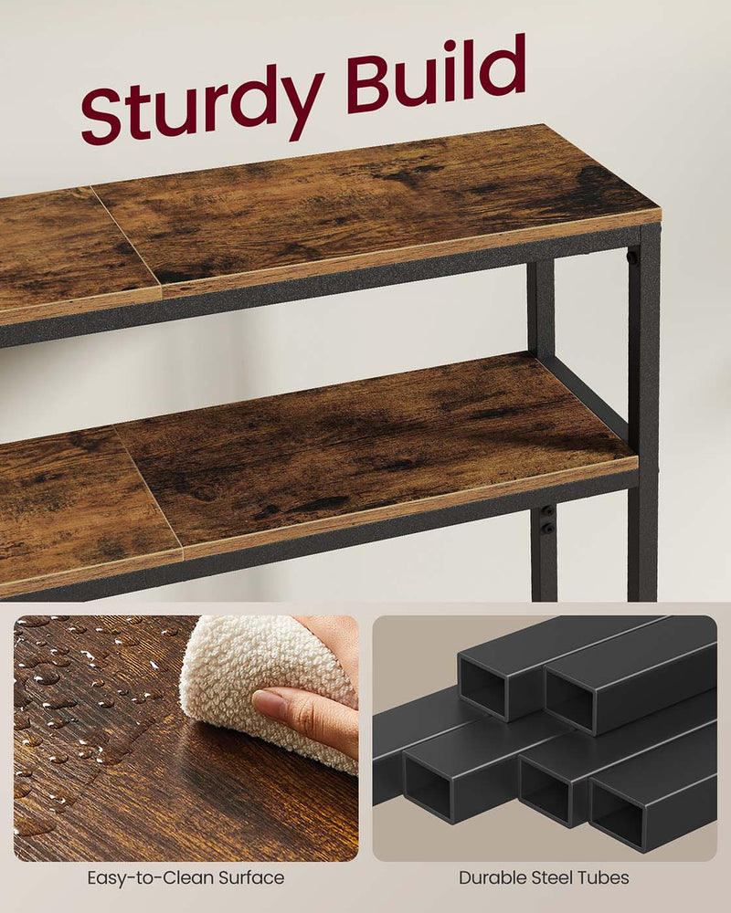 Close-up of the rustic brown panels and black frame with easy-clean surface and steel tube details