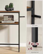 Close-up of the table leg showing the anti-tip wall strap and the 4 adjustable feet