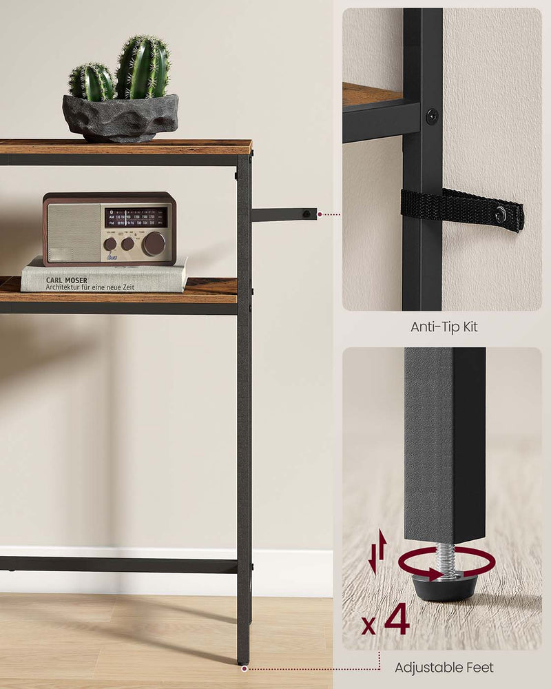 Close-up of the table leg showing the anti-tip wall strap and the 4 adjustable feet