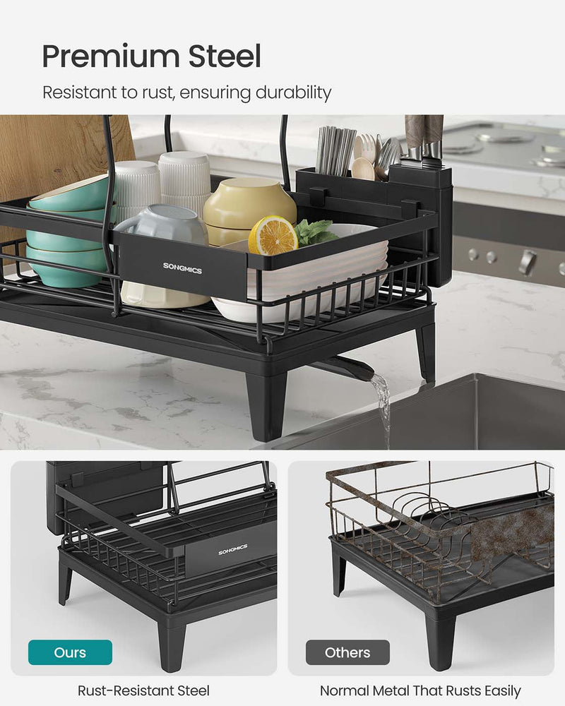 Dish rack loaded with plates and bowls on a kitchen counter