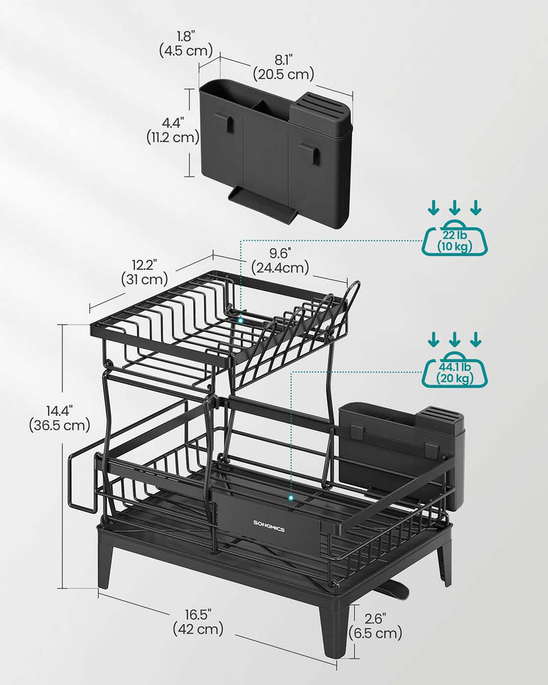 Top-down view of the two-tier dish rack layout