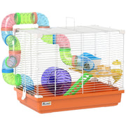 Orange and white 2 tier PawHut hamster cage with tunnel, wheel and platform on a white background