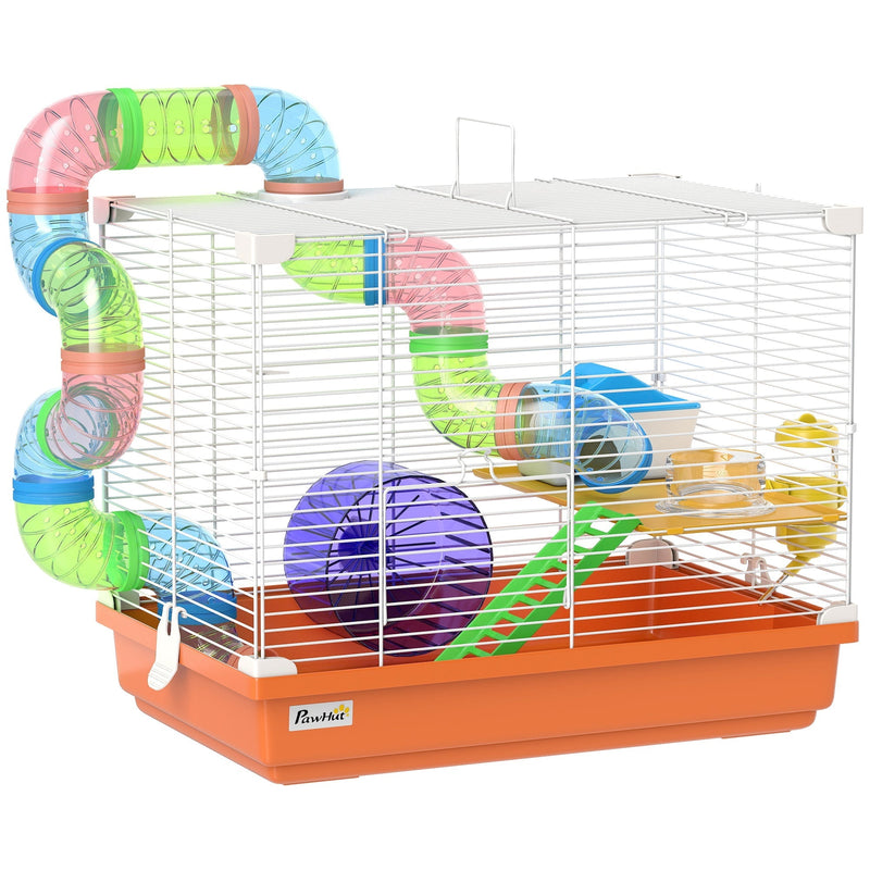 Orange and white 2 tier PawHut hamster cage with tunnel, wheel and platform on a white background