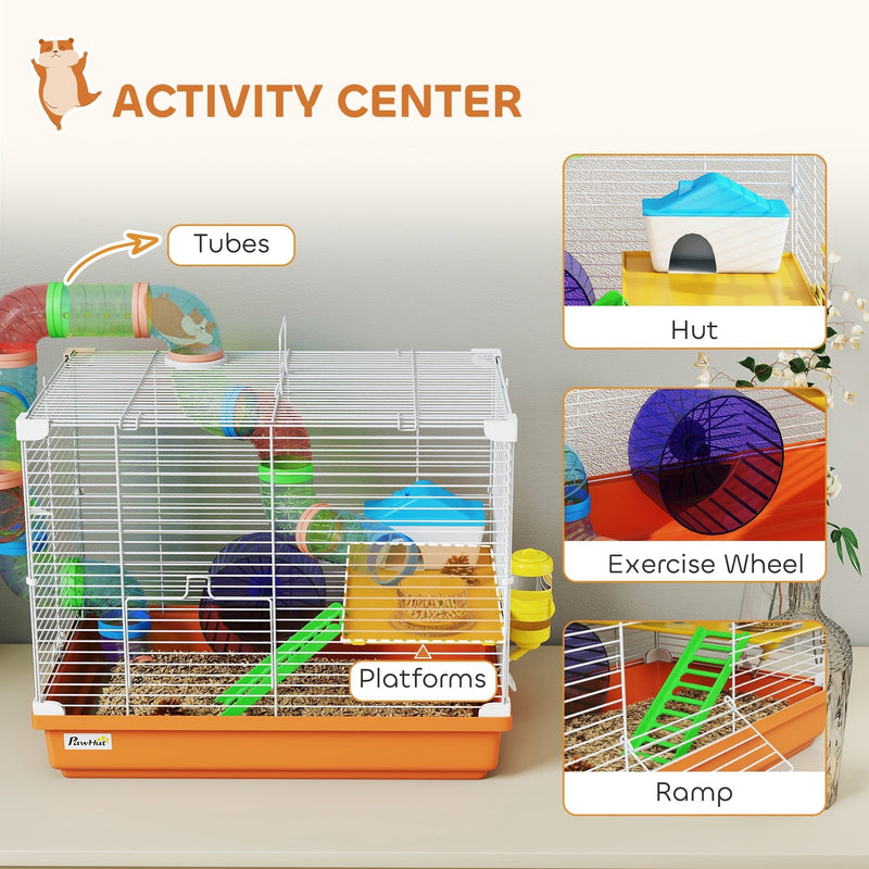 Activity centre graphic labelling the tunnel, hut and exercise wheel accessories