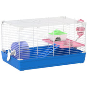 Blue and white 2 tier PawHut hamster cage with wheel, ladder and pink platforms on a white background