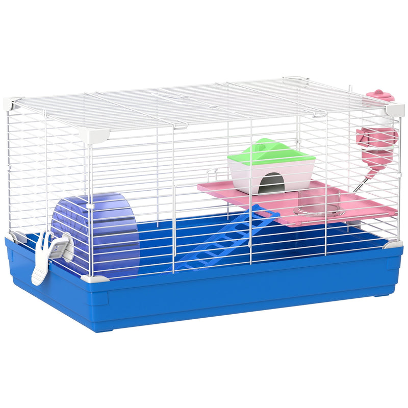 Blue and white 2 tier PawHut hamster cage with wheel, ladder and pink platforms on a white background