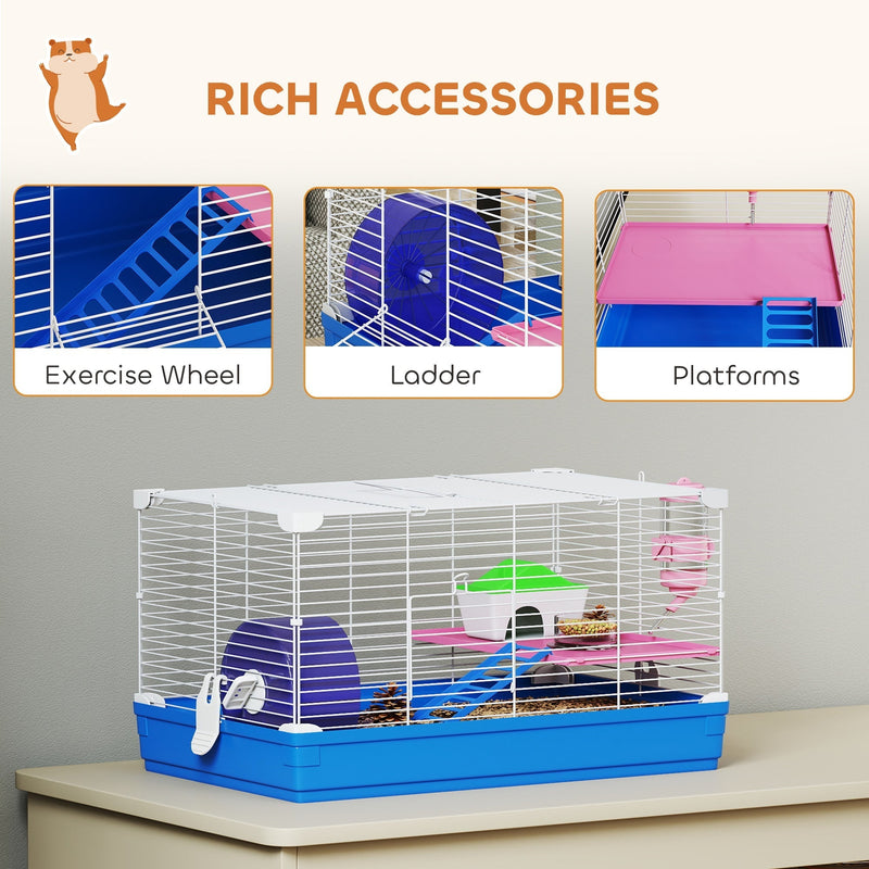 Blue and white hamster cage shown on a worktop with food and water bottle fitted