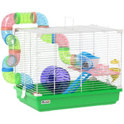 PawHut 2-tier hamster cage in green, front three-quarter studio view with tunnel, wheel and house