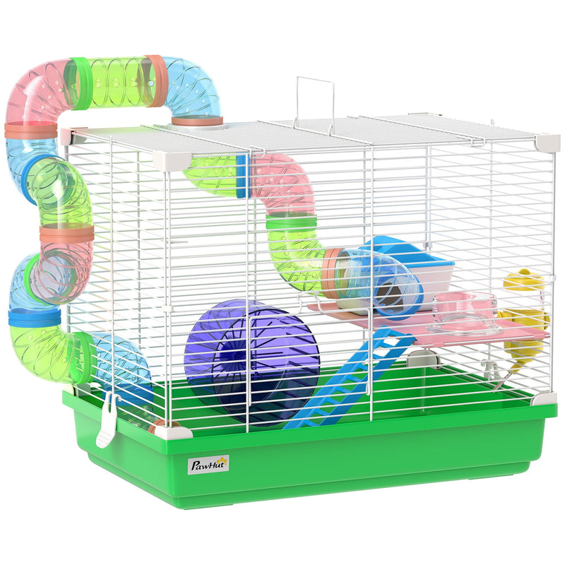 PawHut 2-tier hamster cage in green, front three-quarter studio view with tunnel, wheel and house