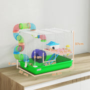 Dimension diagram of the PawHut hamster cage showing 46 x 30 x 37 cm and tray, door and perch sizes