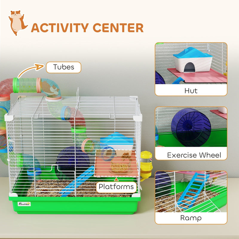 Collage showing the hamster cage's play tubes, hut, exercise wheel and ramp