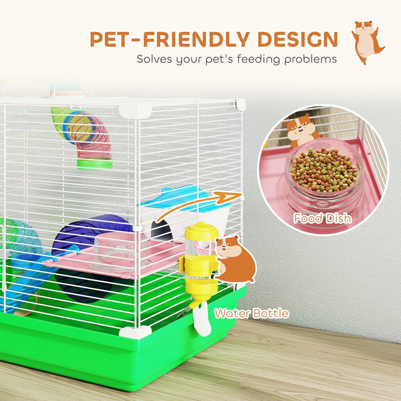 Close-up of the food dish and water bottle fitted to the PawHut hamster cage