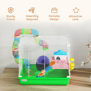Icons showing the cage's sturdy frame, required assembly, portable design and look