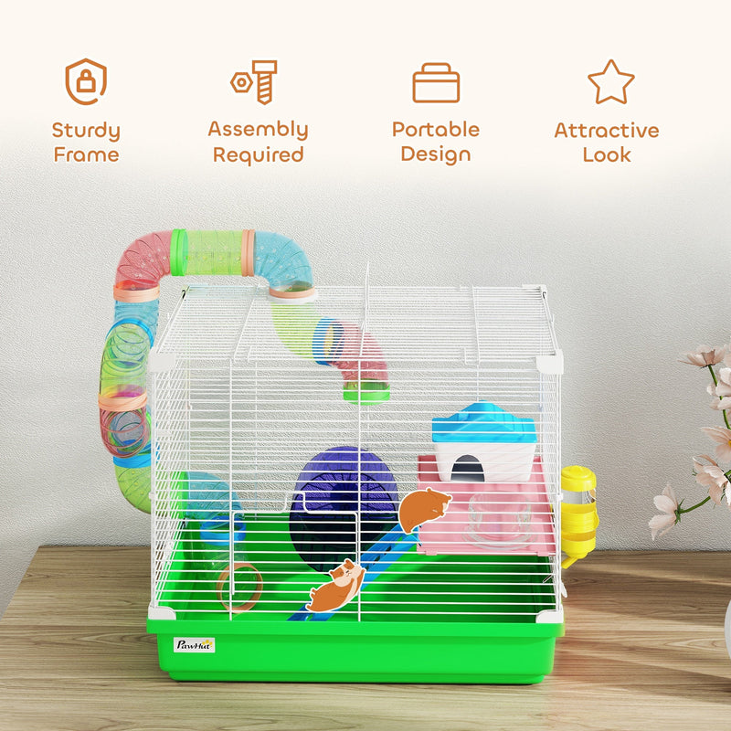Icons showing the cage's sturdy frame, required assembly, portable design and look