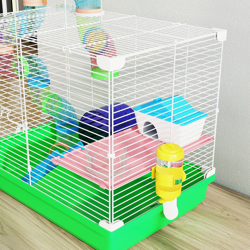 Close-up angled view inside the PawHut hamster cage showing the wheel, house and ladder