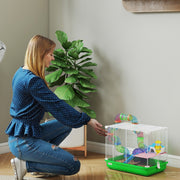 Woman kneeling beside the green PawHut hamster cage in a living room setting
