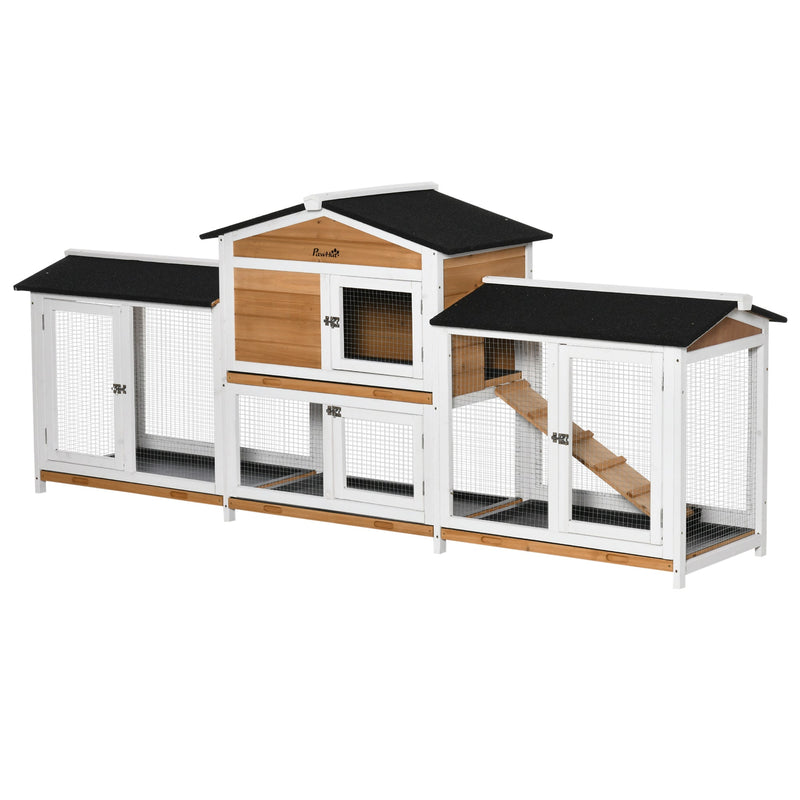 White 2-tier rabbit hutch with double side runs, black asphalt roof and ramp, studio shot