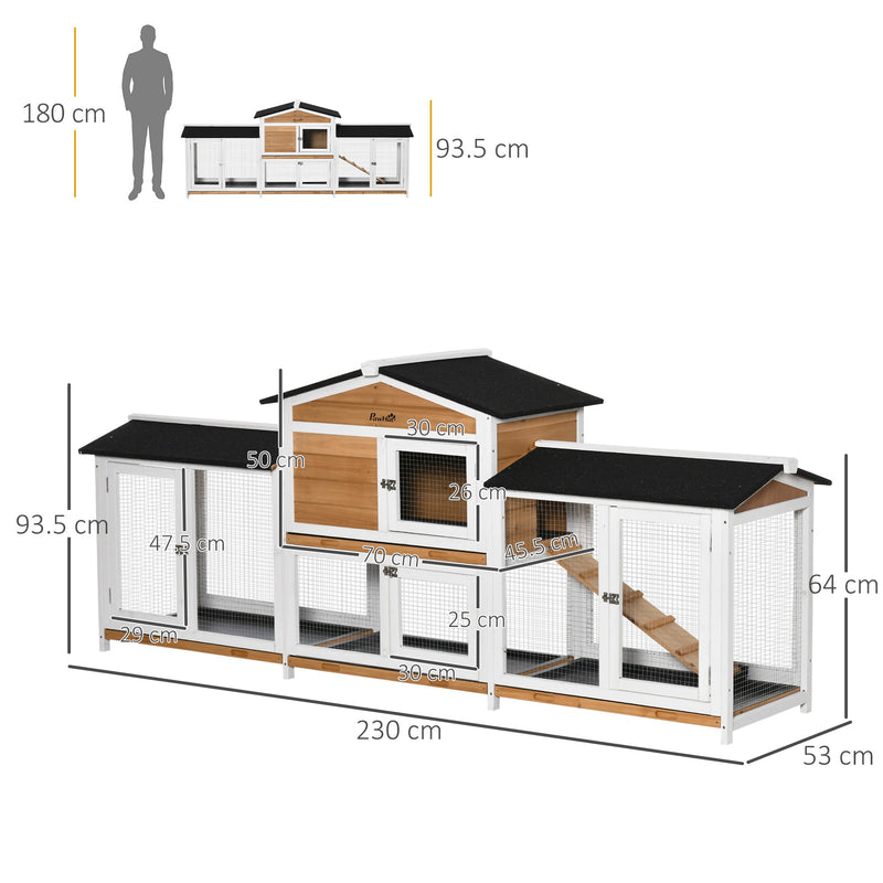 Dimension diagram showing 230cm length, 53cm depth and 93.5cm height with compartment measurements