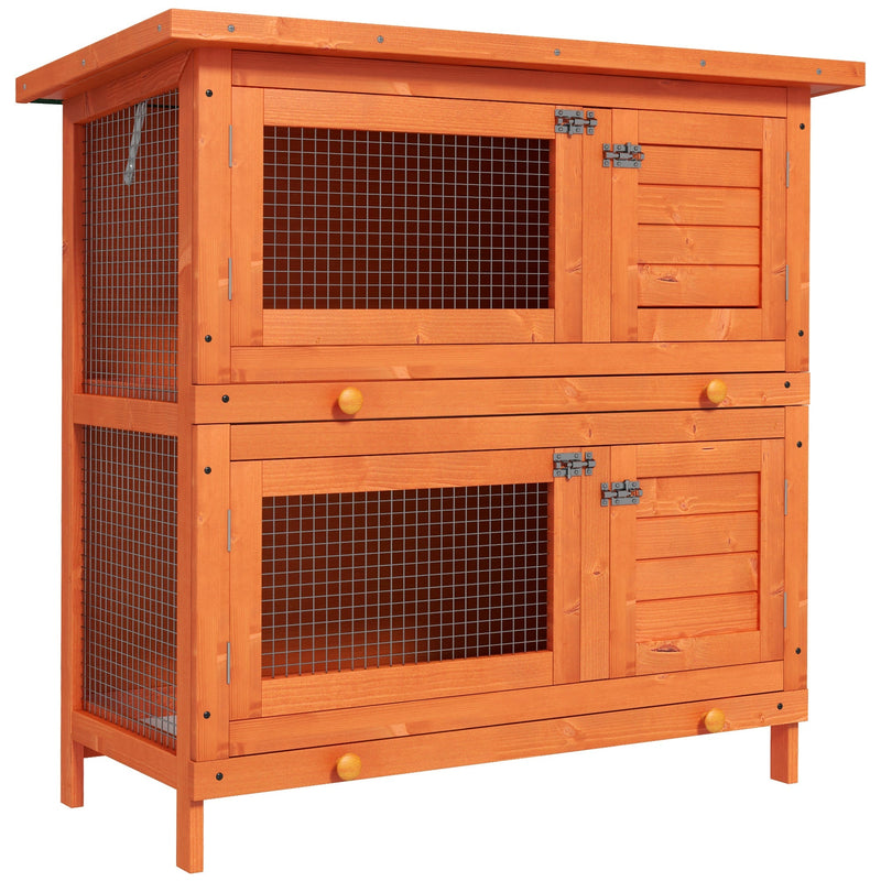 2-tier rabbit hutch in vintage yellow varnished wood with two wire-mesh doors and two solid doors