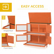 Hutch shown open with hinged roof and front doors for easy access