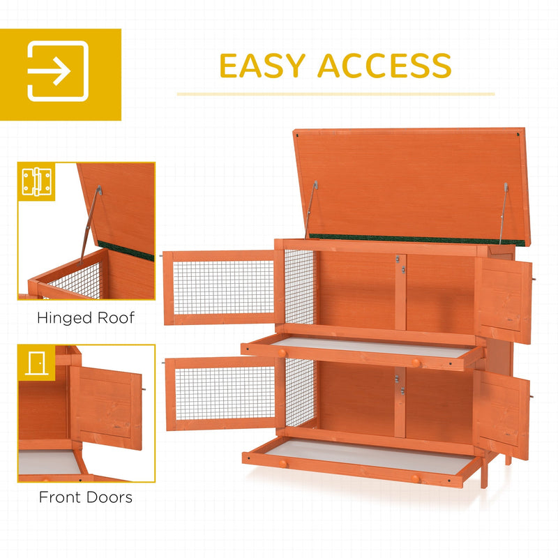 Hutch shown open with hinged roof and front doors for easy access