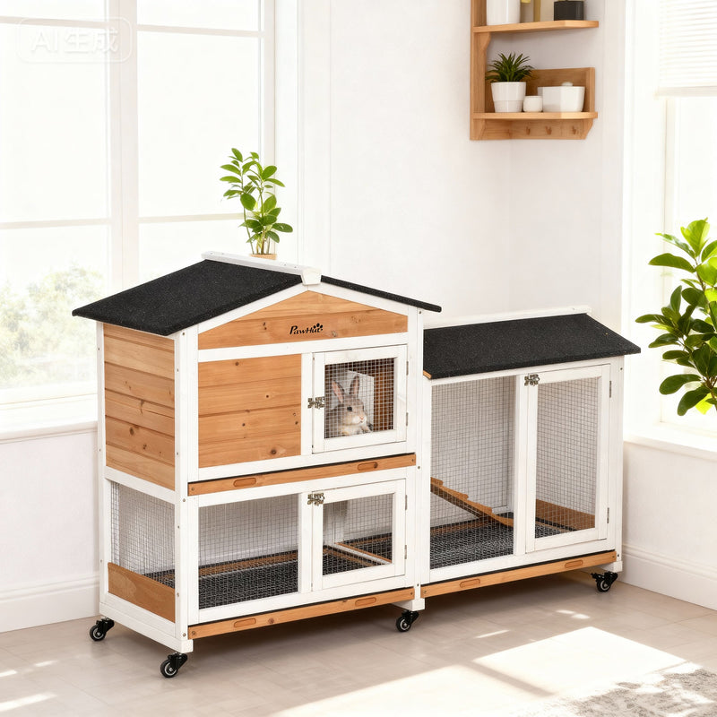 Lifestyle render of the hutch in a bright indoor room with a rabbit inside