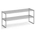 Grey 2-tier slatted metal shoe rack by Songmics shown against a plain background