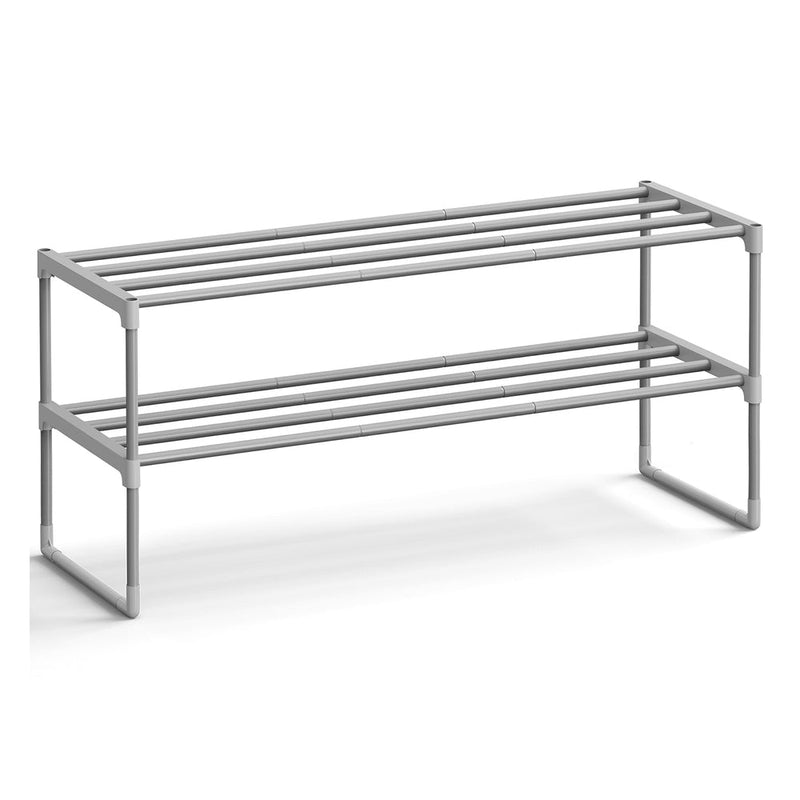 Grey 2-tier slatted metal shoe rack by Songmics shown against a plain background