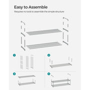 Assembly diagram showing the four steps to build the shoe rack without tools