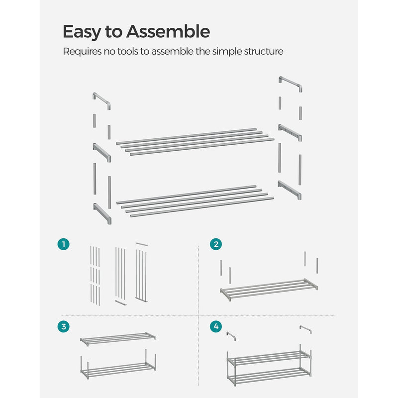 Assembly diagram showing the four steps to build the shoe rack without tools
