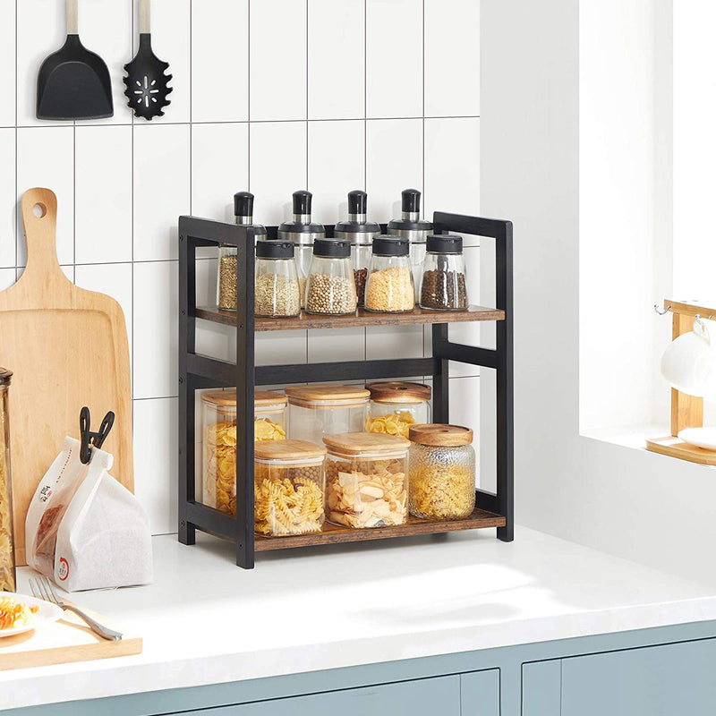 Spice rack holding spice jars and pasta jars on a white kitchen worktop