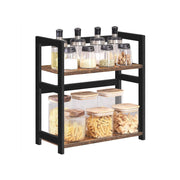 Spice rack filled with spice jars on top and storage jars on the lower tier