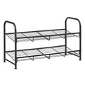 Black 2 tier Songmics shoe rack with wire shelves on a white background