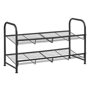 Black 2 tier Songmics shoe rack with wire shelves on a white background