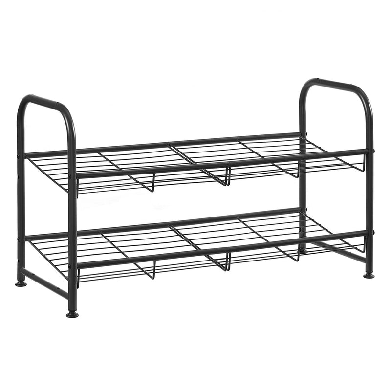 Black 2 tier Songmics shoe rack with wire shelves on a white background