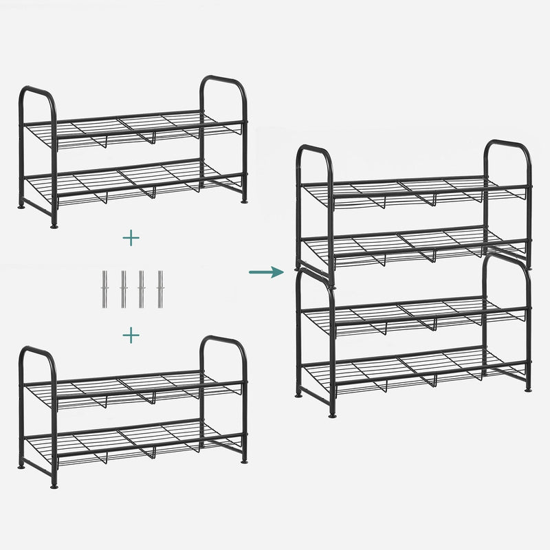 Diagram showing two 2 tier racks joined by four connector tubes into a 4 tier rack