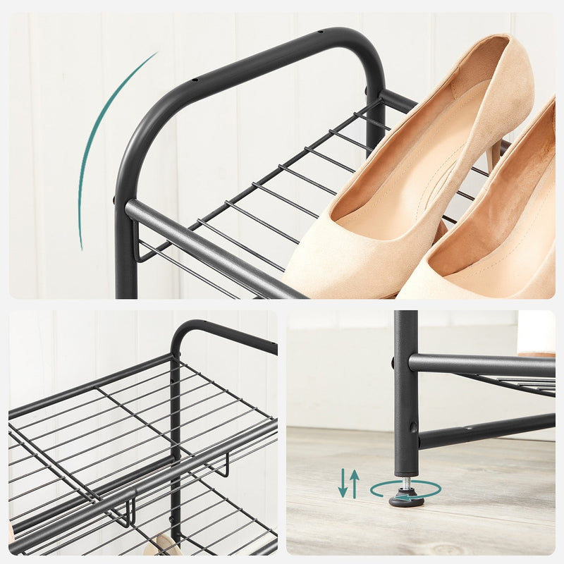 Close up of the rounded top rail with heels on the shelf and the adjustable foot
