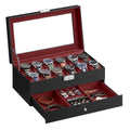 Black watch box open showing 12 watches on wine red cushions above an accessories drawer