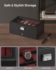 Closed black watch box with close-ups of the PU finish, soft velvet lining and metal clasp