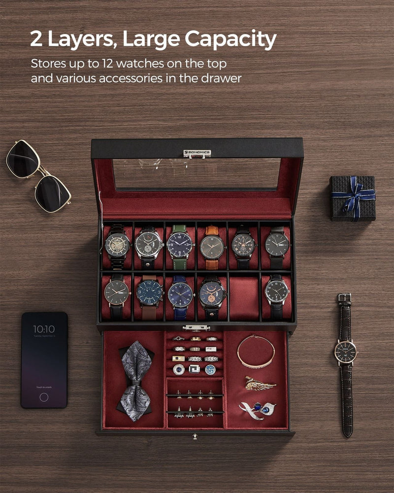 Overhead view of the watch box holding 12 watches with cufflinks and ties in the open drawer