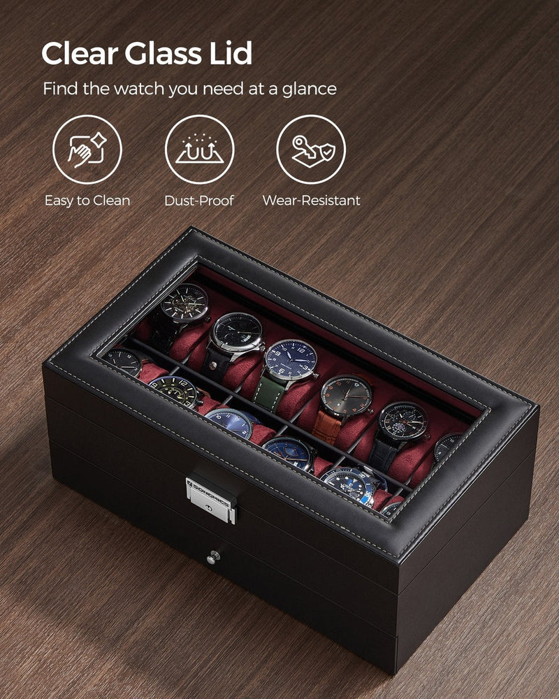Angled view of the closed watch box showing the clear glass lid over the 12 watch slots