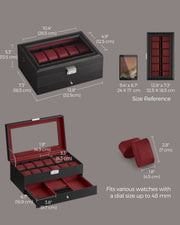 Dimension diagram of the watch box showing 32.5 x 18.5 x 13.5 cm and a 48 mm dial capacity