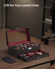 Black watch box shown on a shelf as a gift for a partner or family member