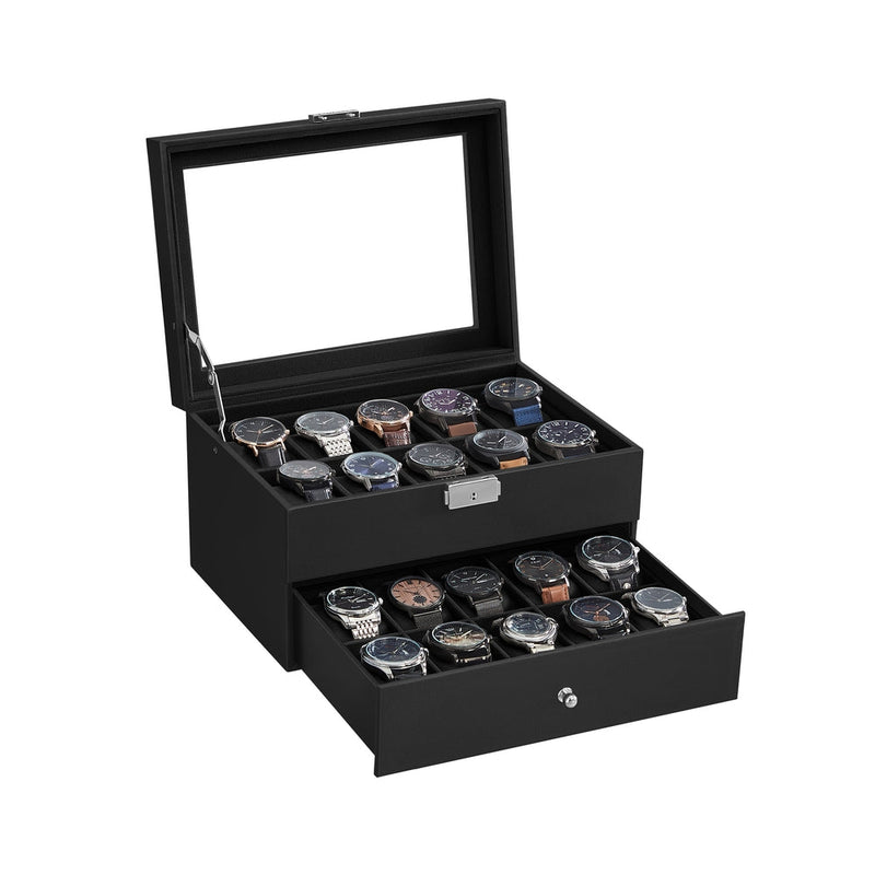 SONGMICS 2-tier black watch box with glass lid, main product shot