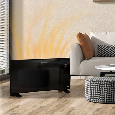 Black HOMCOM convector heater against a wall in a living room, showing warm air rising from the panel