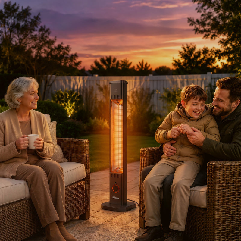 Black patio heater warming a family on a balcony at sunset