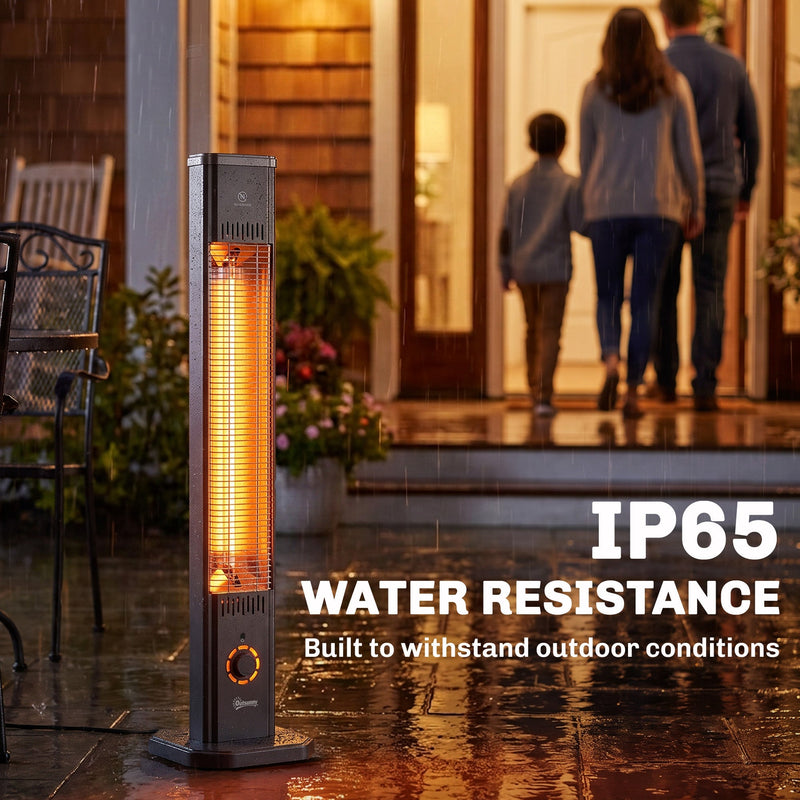 Black patio heater on a rainy porch, showing IP65 water resistance