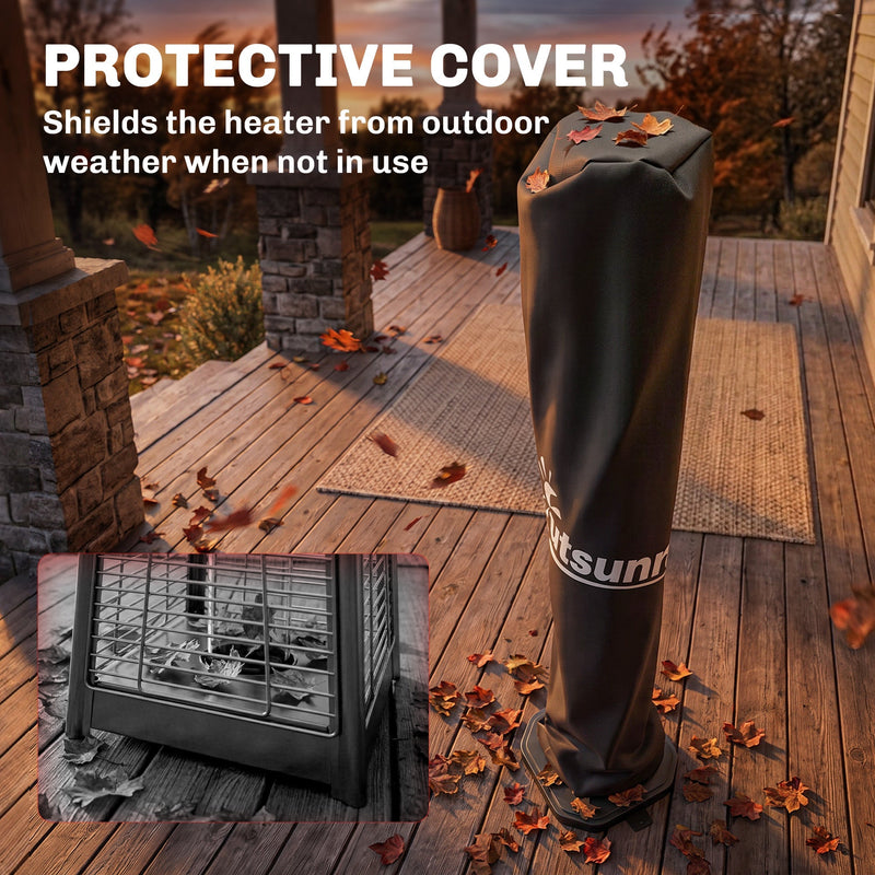Included protective cover fitted over the patio heater, with a close-up of the heater head