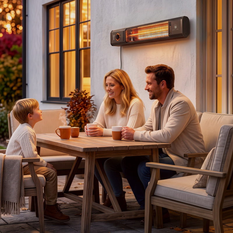 Black patio heater wall-mounted above a family seated at an outdoor dining table