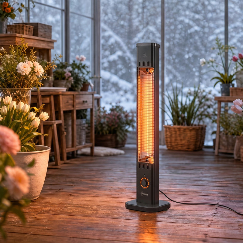Black patio heater standing freestanding in a snowy conservatory setting